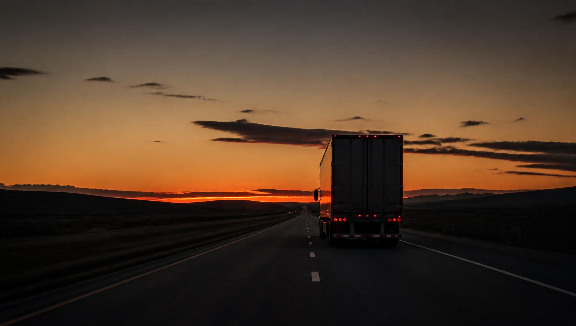 Camión alejándose por la ruta al atardecer